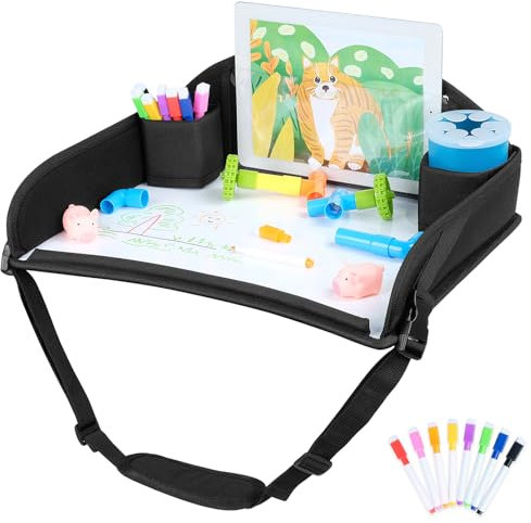 INFANZIA Kids Travel Tray for Toddler Car Seat, Travel Activity Tray for Airplane, Car Seat Lap Drawing Tray, Multifunctional Car Seat Tray Table with Storage for Kids Travel Play, Black