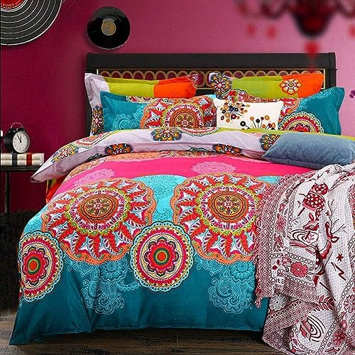 Freyamy Boho Bettwäsche Set 135x200 4teilig Indishes Design Mandala Bohemian Style Bettbezüge 100% Mikrofaser Rosa Pink Türkis Wendebettwäsche mit Kissenbezüge 80x80 cm Reißverschluss