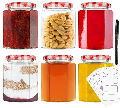 DECO EXPRESS Preserving Glass Jam Jars with Airtight Screw Lids, 250 or 500ml with Labels and Marker (Red, 6 Pack, 250 ml)