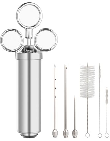 Brigii Meat Injector Syringe, 2oz Turkey Injector Seasoning, 304-Stainless Steel Seasoning Injector with 3 Marinade Needles and 3 Cleaning Brushes for Smoked BBQ Grilling