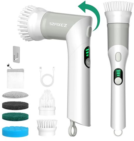 SZFIXEZ Electric Spin Scrubber, Shower Cleaner Brush KS-2633, Handheld Power Brush with 2 Adjustable Angle, 6 Replacement Head for Cleaning Bathroom, tub, Tile, Sink, Window, Car (Grey)