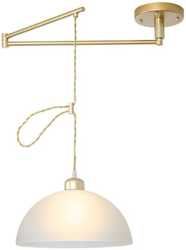 SWEMOPP Milk Glass Pendant Light Fixture Ceiling Swing Arm Adjustable Long Arm Modern Hanging Lamp Vintage Gold Industrial Dome Chandelier for Dining Room Table Kitchen Island Farmhouse Restaurant