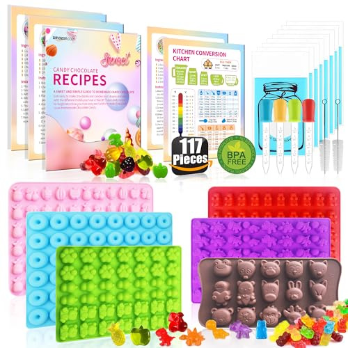 117Pcs Silicone Gummy Bear Molds Kit with 100 Wrappers, 5 Recipe Cards, 4 Droppers & 2 Brushes,Non-Stick Candy Mold for DIY Chocolate, Gummy Bears, Party Favors (Dinosaur, Bear, Fruits, Donut Shapes) | Non-stick, BPA Free, Bear Dinosaur Fruit Shape, Easy Release & Clean, Food-Grade Silicone, Gummy Bear Mold, Fruit Snack Molds
