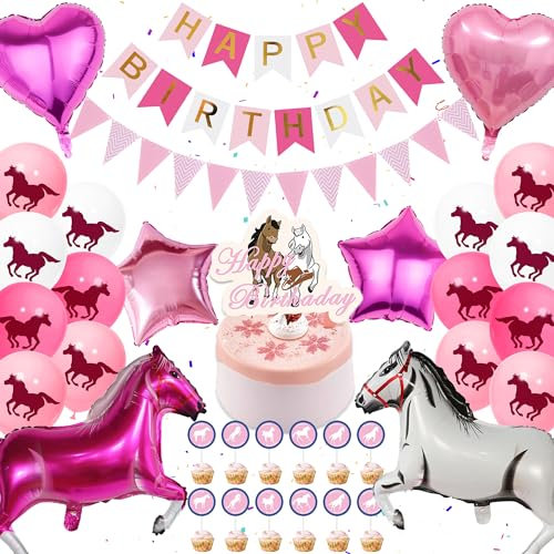 Pferde Geburtstagsdeko Jungen Mädchen - 59 Stück Rosa Pferd Thema Geburtstag Party Deko, Geburtstagsbanner, Kuchendekoration, Wimpel, Pferd Ballons, Western Cowgirl Thema Deko Für Kindergeburtstag