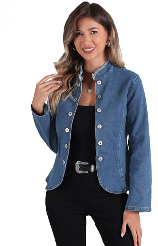 Allegra K Blazer in Denim da Donna Aperto sul Davanti Senza Colletto Cardigan Jeans Blu XL