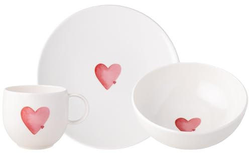 Villeroy & Boch With Love Frühstücks-Set Sending Love 3-teilig | Frühstücksteller (21 cm), Müslischale (17 cm) und Henkelbecher (290 ml) | Geschirr mit Herzchen-Motiv | Premium Porzellan | Bunt