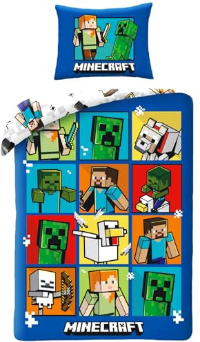Minecraft Creepers Kinderbettwäsche 140x200 + Kissenbezug 70x90 | Wendebettwäsche Einzelbett | Naturbaumwolle atmungsaktiv Oeko-Tex | Offizielle Lizenz | Kind | Geschenk | Maschinenwaschbar