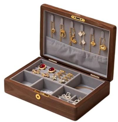 Bescott Boîte à bijoux en bois de noyer noir massif pour femme avec serrure et clé - Organiseur vintage pour boucles d'oreilles, bagues, colliers, bracelets, cadeaux de fête des mères