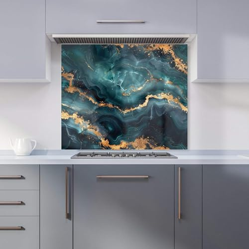 Premium Blue, Gold Marble Effect Kitchen Splashback 6mm Toughened Glass Kitchen Splashback – Heat Resistant Splashback for Kitchens, Perfect for Cookers and Hobs, Polished Edges