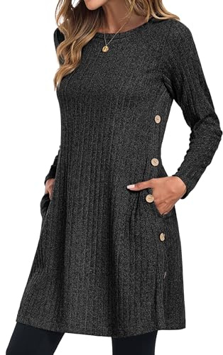 GRECERELLE Womens Winter Jumper Dresses for Women UK Ladies Dresses Tunic Knitted Long Sleeve with Pockets Side Buttons Dress