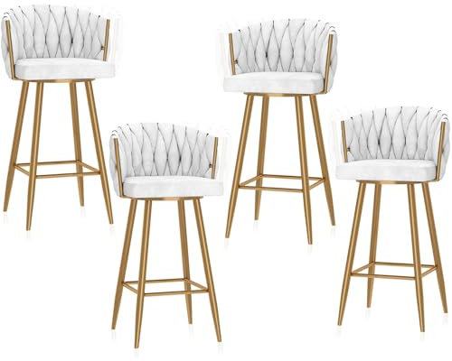Guyifuny 360° drehbare Barhocker, 4er-Set, Thekenhocker mit hoher Rückenlehne und goldenen Metallbeinen, gepolsterte Barstühle, Stühle für Kücheninseln, weißgoldene Beine, 65 cm