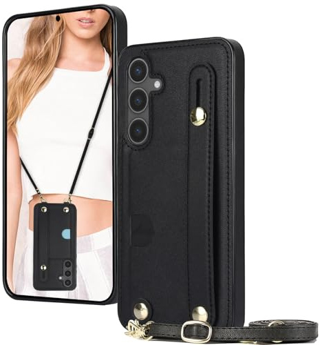 Ysnzaq for Samsung Galaxy S25 Plus Case with Crossbody Lanyard ZY Black | PU Leather Shockproof Wallet Cover for Women with Card Holder & Adjustable Wristband Stand for Samsung Galaxy S25 Plus