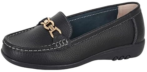Miss Shoes Extra Wide EEE Fit Leather Bar Loafers (Black, UK Footwear Size System, Adult, Women, Numeric, X-Wide, 6)