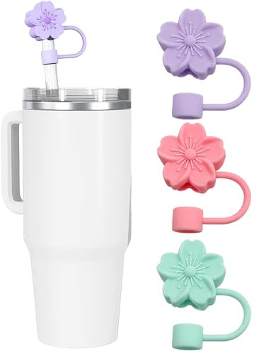 RUICHING 3PCS Silicone Flower Straw Caps, Reusable Pink Purple Green Straw Protectors, Dust-Proof, Soft, Anti-Slip, Easy to Clean, Silicone Material