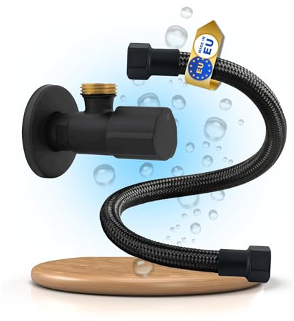LAXARA Premium Anschluss-Set – Eckventil + Flexschlauch – Schwarz oder Weiß - trinkwassergeeignet - Anschlussgrößen 3/8 Zoll bis 1/2 Zoll | (Eckventil + Flexschlauch Schwarz, 50 cm - 1/2 Zoll)