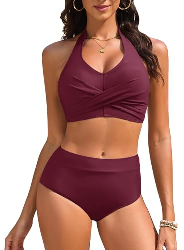 Nadeer Maillot de Bain Femme 2 Pieces Taille Haute Ensembles Deux Pièces Push Up Sexy Halter Ties-up Dos Nu Bikini Set Grande Taille Léopard Swimsuit Swimwear Beachwear