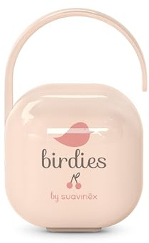 Suavinex, Portaciuccio Neonato, per 2 Ciucci, Custodia Resistente e Facile da Pulire, Manico Flessibile da Appendere alla Borsa, Passeggino o alla Culla, Chiusura di Sicurezza, +0 Mesi, Birdies Rosa