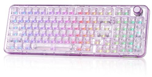 YUNZII X98 Clavier Mécanique Translucide avec Molette(Violet, Cristal) | Bluetooth5.0/2,4 Ghz sans Fil/USB-C Filaire, Switch Pré-lubrifiés, Gasket, Hot-Swap, RGB QWERTY pour Win/Mac