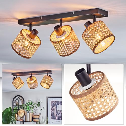 HOFSTEIN Deckenleuchte Barcos, Deckenlampe aus Metall/Wienergeflecht/Rattan/Stoff in Schwarz/Natur/Braun, verstellbare Leuchte im Boho-Design, 3 x E14, Esszimmer, Wohnzimmer, Schlafzimmer, Küche, Flur