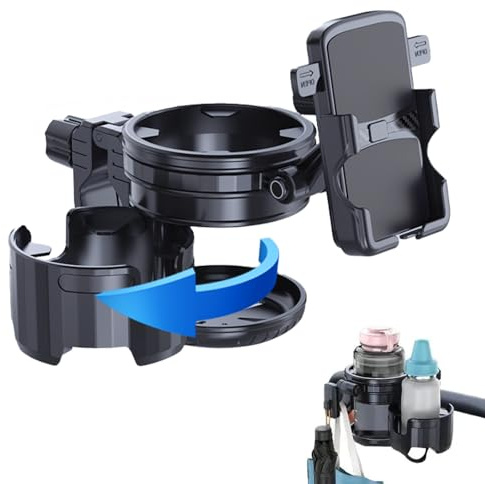 Portavasos universal ajustable 4 en 1 para cochecito, diseño giratorio de 360° a prueba de derrames con agarre antideslizante para bicicleta, silla de ruedas, carrito de la compra, doble taza y