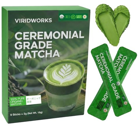 Viridworks Organic Matcha Green Tea Powder Stick Packs - Ceremonial Grade (First Spring Harvest) - Unsweetened Single Serve Packets - USDA, JAS & Rainforest Alliance Certified - 100% Pure & No Additives - 9 Count (Total 18g / 0.63 oz)