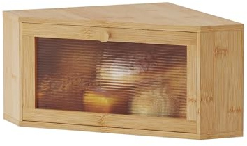kiplant Bamboo Corner Bread Box for Kitchen Countertop - Wavy Acrylic Door, Bread Storage Container, Bread Holder