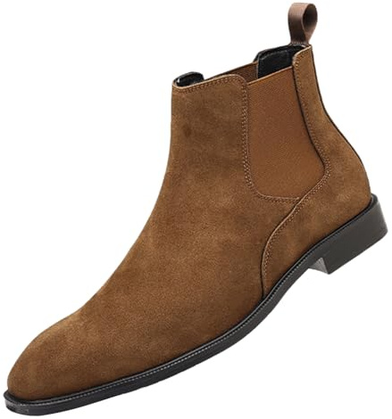 ANUFER Hombres Vacuno Cuero de Ante Botas Chelsea Punta Cuadrado Slip On Vestido Botines de Tobillo Marrón SN0711231 EU42
