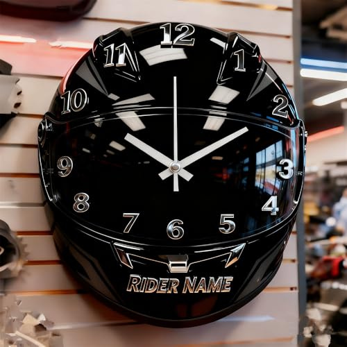 OOEREWGF Orologio da parete personalizzato a forma di casco, regalo per gli amanti delle moto, stampa piatta 2D con nome del motociclista personalizzato, orologio da parete a forma di casco da moto