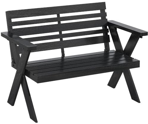 Outsunny 2 Seater Wooden Garden Bench Slatted Patio Bench Armrest Black | X-Frame Legs, Backrest, Outdoor Furniture, for Park, Balcony, Terrace