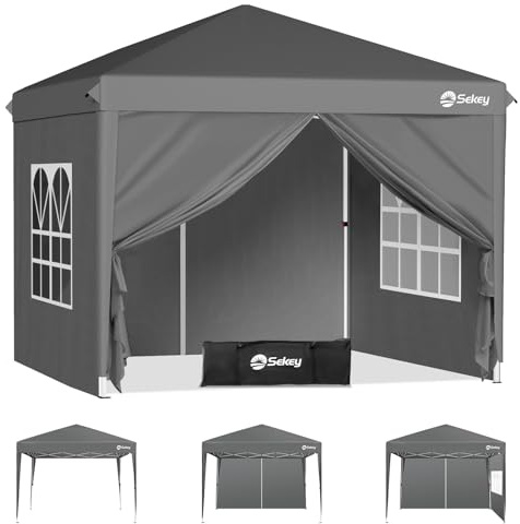 Sekey Pop Up Pavillon 2x2m mit Seitenwänden, Faltpavillon Wasserdicht Stabil Winterfest, Partyzelt Pavillion für Garten Camping & Party, Pavillons Höhenverstellbar, Anthrazit