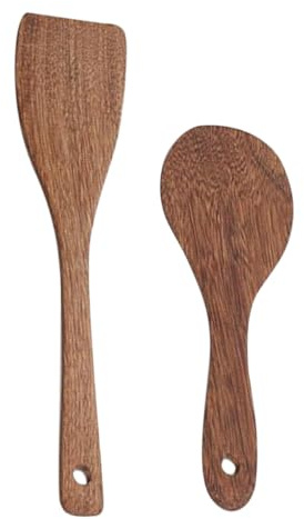 HOUDERCO Set de 2 Palas de Madera para Cocinar Mango Largo Cómodo y Diseño Marrón, Utensilios Prácticos para Servir Alimentos Hogar o Restaurantes