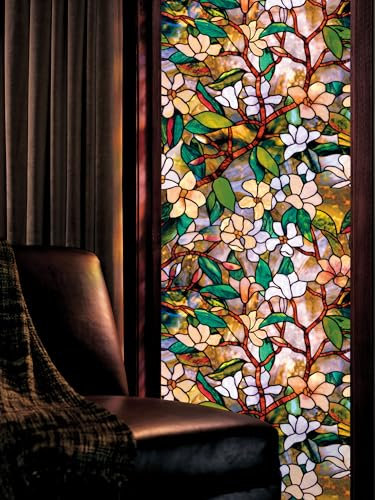 Artscape Magnolia | Privacy Window Film with Stained Glass Pattern | Non-Adhesive & UV Protection | Easy to Apply & Removable | 61 x 91 cm