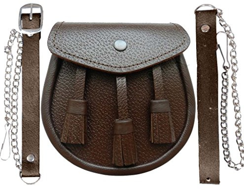 SHYNE KILTS U.K Écossais Marron Kilt Sporran Cuir et Ceinture 3 Pompons Sporran Cuir