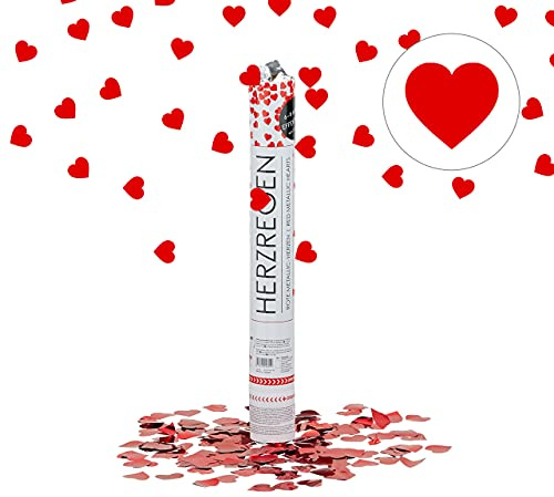 Relaxdays 10 x Party Popper 40 cm rote Herzen im Konfettikanonen Set, Konfetti Bombe für Hochzeit und Geburtstag, Konfetti Shooter 6-8 m Effekthöhe, rot metallic