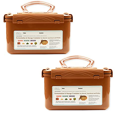 Crazy Korean Cooking Premium Kimchi, Sauerkraut Fermentation and Storage Container with Inner Vacuum Lid, Sandy Brown 1.3 Gal (5.2L) 2 PACK