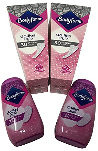 Bodyform stringtrosa trosskydd för kvinnor – 30 tusenskönor stil x 2 paket (60 totalt) – kombinerat med mikrofoder 22 x 2 paket (44 totalt) – diskreta dynor