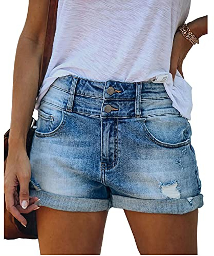 Bichingda Casual Denim Shorts for Women High Waist Frayed Hem Ripped Summer Jeans Short Hot Pants with Pockets Light Blue