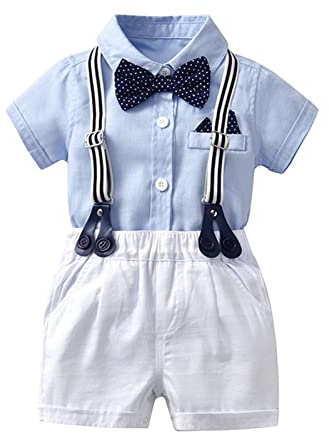 Volunboy Baby pojkar kostym set kläder skjorta med fluga hängslen shorts sparkdräkt kostym, Ljusblå, 12-18 månader