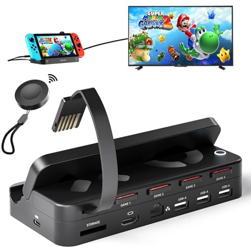 Alxum Switch Docking Station con lettore di schede di gioco in telecomando, docking station portatile per Switch con 3 porte USB A, porta HDMI e porta Ethernet RJ45 compatibile con Switch/Switch OLED