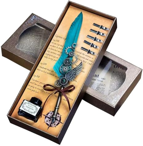 LSFCHYBY Ensemble stylo plume et encre – Ensemble de stylo de calligraphie avec encrier et support – Ensemble de stylos plume avec 5 pointes en acier inoxydable pour papier à lettre, stylo à dessin –