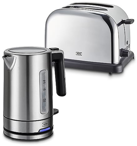 KHG Frühstücksset Wasserkocher & Toaster, Edelstahl Silber Chrom, Volumen | Kapazität 1 L & 2 Scheiben, präziser Ausgießer, 360° Sockel, 6 Röststufen, Auftau- & Bagel-Taste, Krümelschublade