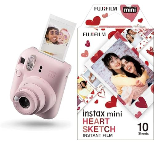 Fujifilm instax mini 12 Blossom Pink - Macchina Fotografica Istantanea & instax mini film 10 shot pack, bordo CUORI