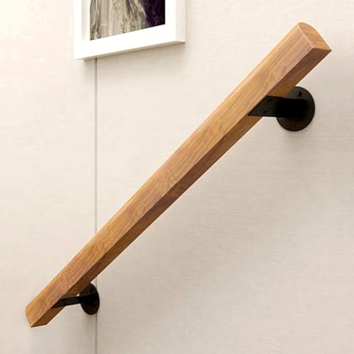 LQSYBHD Pasamanos De Madera, con Soportes Metálicos - Kit Completo, Barandilla Escalera de Madera Natural, Antideslizantes, Semicirculares,Barandilla de Pared Seguridad para Personas(Size:4ft/120cm)
