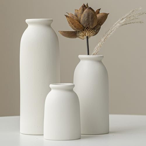 Set of 3 Small Ceramic Vases for Home Decor & Table Centrepieces, Rustic Farmhouse Style, Mini Decorative Vases (White)