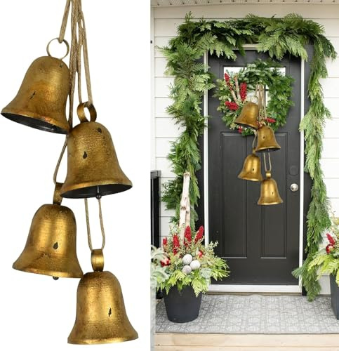Campanas Colgantes Doradas de Navidad - Decoración Rústica Shabby Chic para Mantel - Juego de 4 Campanas de Vaca