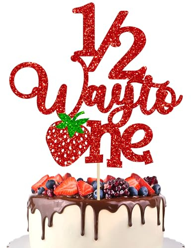 Gyufise 1Pc Strawberry 1/2 Half Way to One Cake Topper Glitter Berry Sweet Half Way to Go Cake Pick Happy 6 Months Birthday Cake Decoration for Strawberry Theme Baby Shower Birthday Party Supplies Red