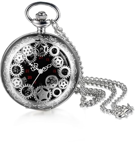 JewelryWe Reloj Bolsillo Analógico Unisex: Reloj Bolsillo de Cuarzo para Hombre y Mujer Decoración de Engranajes Escala de Número Arábigo Cadena de Cintura Plata - para Uso Diario Colecciones Regalo