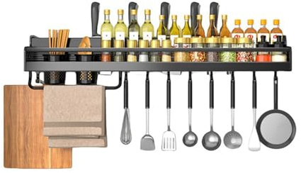 Étagère Murale Cuisine Gain de Place, Rangement Épices Mural avec 8 Crochets & Porte-Ustensiles, Support Aluminium Sans Perçage pour Petite Cuisine/Appartement