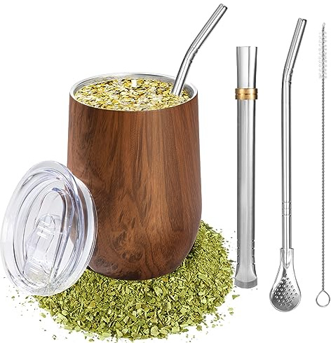 Tazze Maté, Set Argentino Yerba Mate in Acciaio Inossidabile, 355 ml Tazza isotermica a Doppia Parete, Bombilla Maté con 2 Bombilla e Una Spazzola per la Pulizia per Cucine, Ristoranti, Caffè