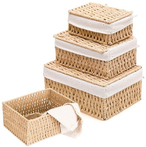Lot de 3 paniers de rangement avec couvercle, panier tressé en corde de papier, décoration bohème avec doublure, rangement multifonctionnel, panier de rangement